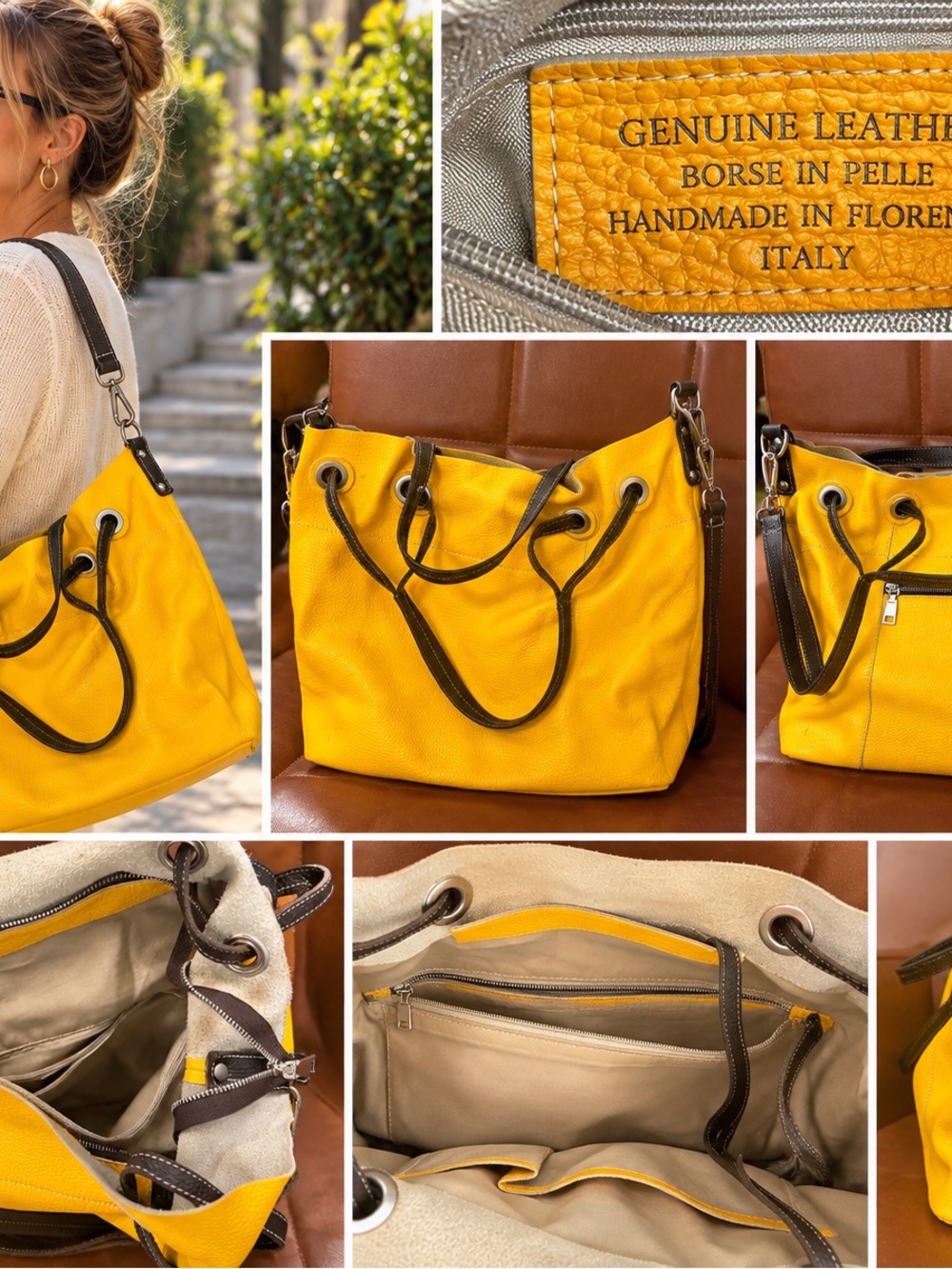 Cenzoni Handmade Italian Genuine Leather Yellow Drawstring Tote
